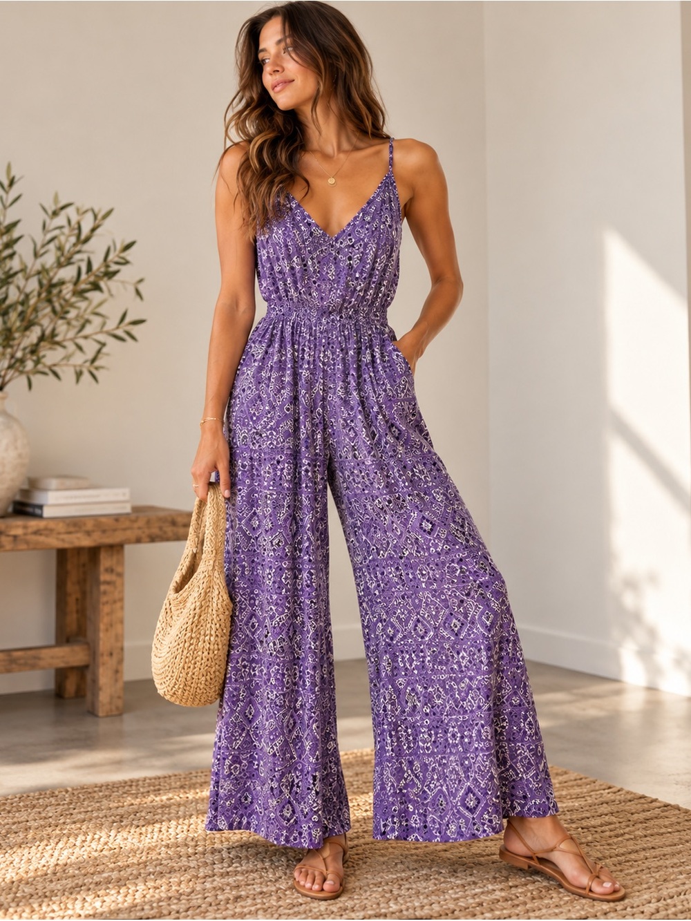 George Purple & White Damask Printed Wide Leg Jumpsuit - Size XS